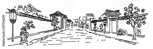 traditional street in Kyoto with lanterns doodle hatching vector sketch