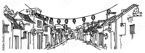 traditional street in Kyoto with lanterns doodle hatching vector sketch