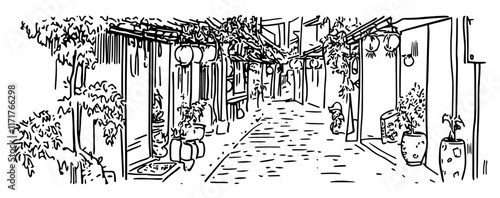 traditional street in Kyoto with lanterns doodle hatching vector sketch