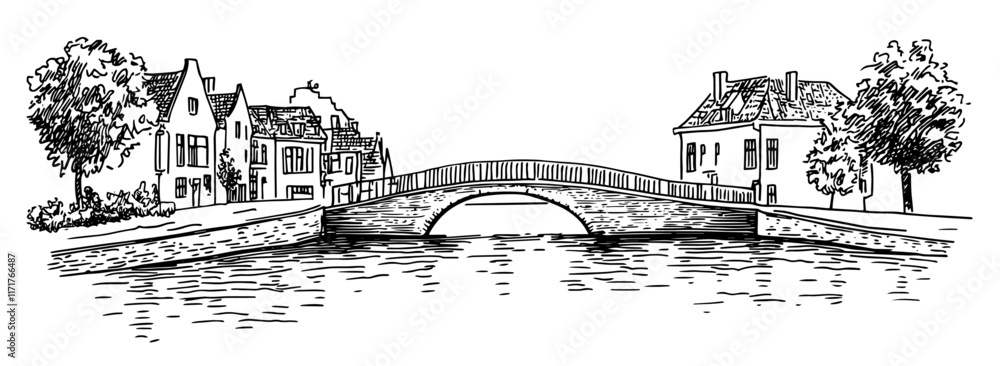 Fototapeta premium small bridge in Bruges reflecting in the water doodle hatching vector sketch