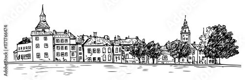 Old Town in Riga with a view of the House of the Blackheads doodle hatching vector sketch