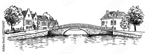 small bridge in Bruges reflecting in the water doodle hatching vector sketch