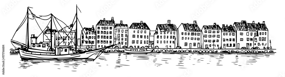 port in Copenhagen with Nyhavn houses doodle hatching vector sketch port in Copenhagen with Nyhavn houses doodle hatching vector sketch