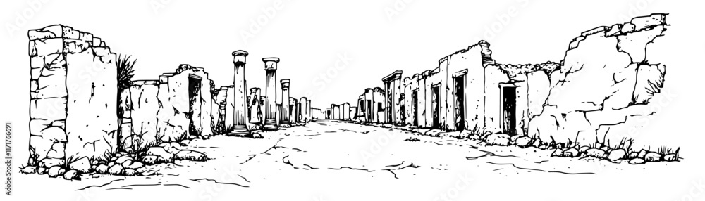 Obraz premium ancient Roman street in Pompeii with ruins doodle hatching vector sketch