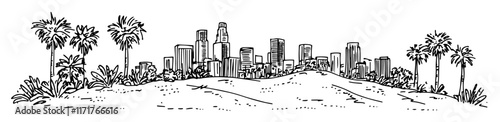 skyline of Los Angeles with palm trees and Hollywood Hills doodle hatching vector sketch