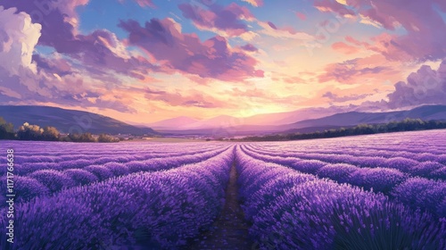 A wide expanse of lavender fields in full bloom under a glowing sunset, their colors saturating the horizon with purple hues. photo