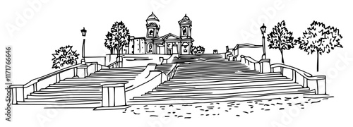 famous Spanish Steps in Rome doodle hatching vector sketch