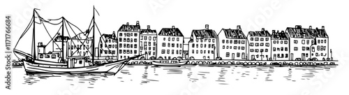 Photography port in Copenhagen with Nyhavn houses doodle hatching vector sketch