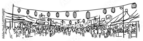 bustling market in Bangkok full of lanterns doodle hatching vector sketch