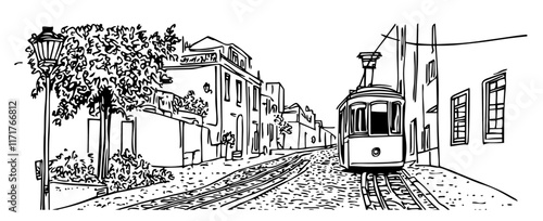 view from a tram on the cobbled streets of Lisbon doodle hatching vector sketch