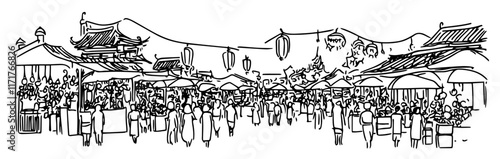 bustling market in Bangkok full of lanterns doodle hatching vector sketch