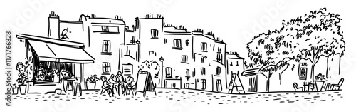 Montmartre in Paris with artists painting portraits doodle hatching vector sketch