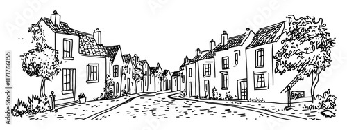 cobbled street in Bruges with houses featuring stepped gables doodle hatching vector sketch