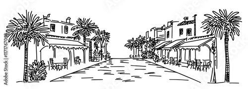 Shopping on a pedestrian street in a seaside resort doodle hatching vector sketch