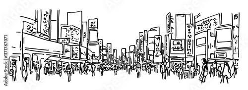 neon lights of Shinjuku in Tokyo doodle hatching vector sketch