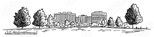 modern business district in Warsaw doodle hatching vector sketch