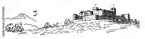 Edinburgh Castle shrouded in mist doodle hatching vector sketch