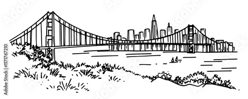 view of San Francisco and the Golden Gate Bridge doodle hatching vector sketch