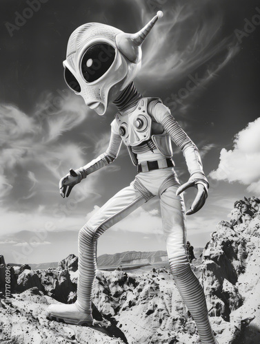 Retro 1960s 1950s style vintage b-movie reptilian space alien little green man with antennae on UFO nostalgic comic book illustration black and white tv show style villain campy fun avatar photo