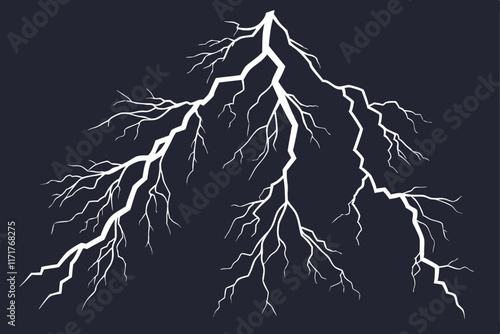 Lightning strike bolt silhouettes sequence vector illustration. Black thunderbolts and zippers are natural phenomena isolated on a dark background. Thunderstorm electric effect of light shining flash.