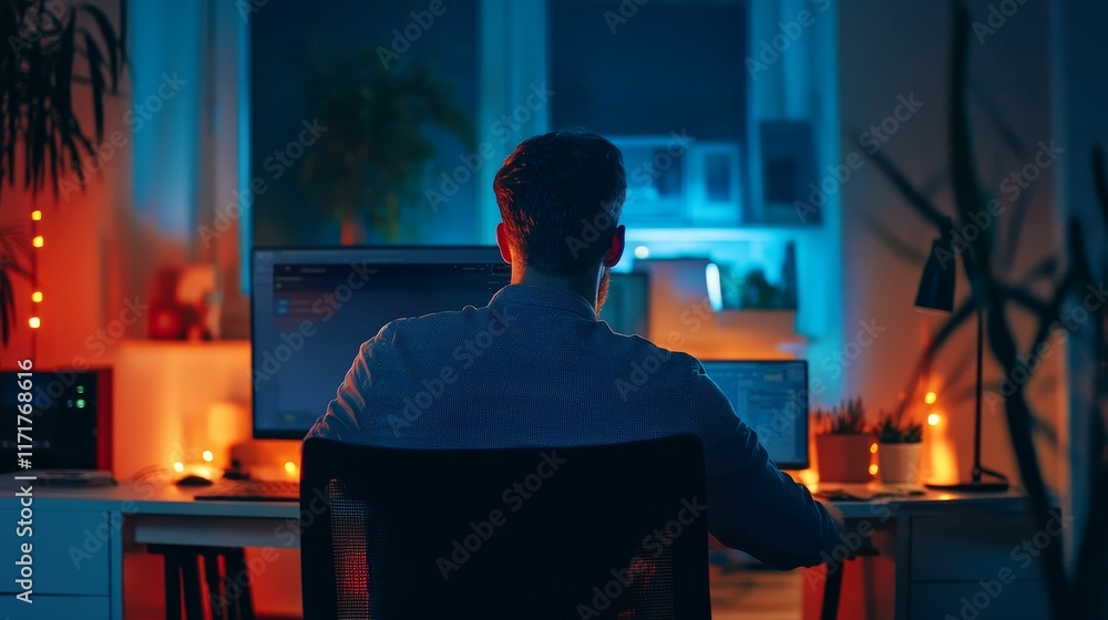 Fototapeta premium Person works late at computer, dimly lit room.