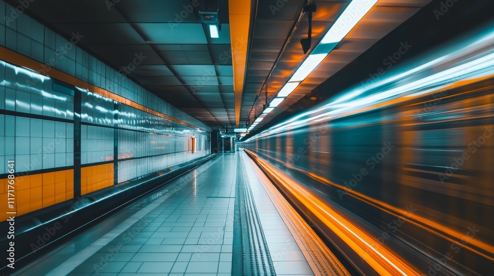 Subway platform; speeding train; teal and orange tones. Subway platform; speeding train; teal and orange tones.