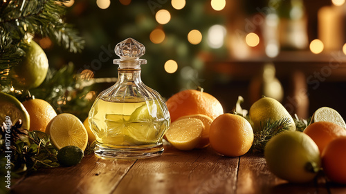 Festive display of citrus fruits and aromatic infusion on wooden table photo