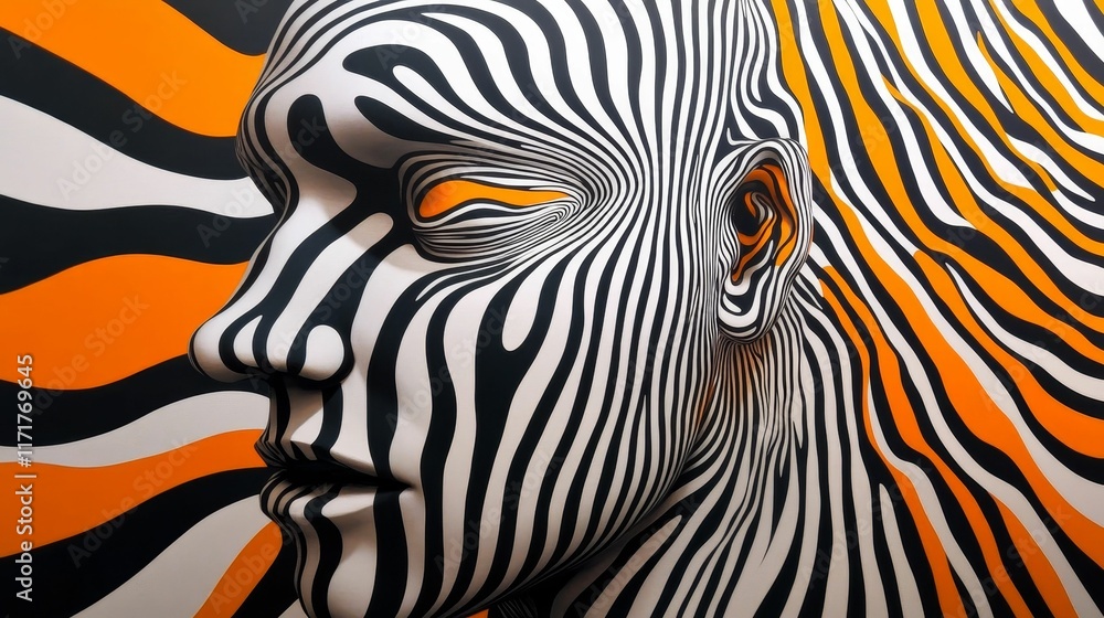 Fototapeta premium Abstract face, black, white, orange stripes.