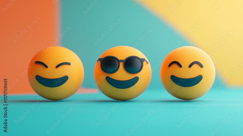 Two happy, winking faces flank a cool, sunglass-wearing smiley on a vibrant, multi-colored background. Two happy, winking faces flank a cool, sunglass-wearing smiley on a vibrant, multi-colored background.