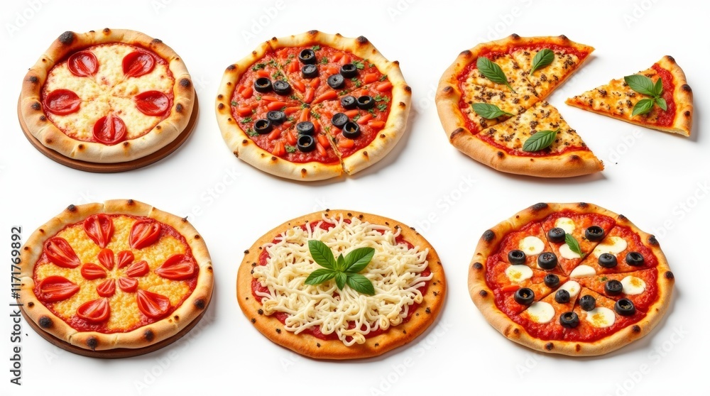 A collection of gourmet pizzas in various styles and toppings, with mouth-watering textures and vibrant colors, isolated on a white background A collection of gourmet pizzas in various styles and toppings, with mouth-watering textures and vibrant colors, isolated on a white background