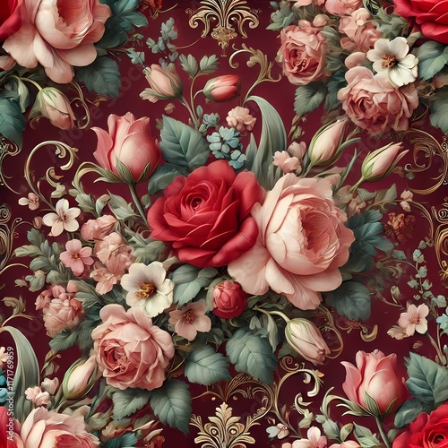 Vintage Floral Pattern with Red and Pink Roses on Burgundy Background photo