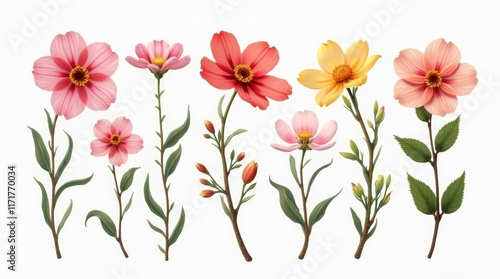 A collection of spring blossoms in various colors and species, with bright and fresh backgrounds, isolated on a white background
