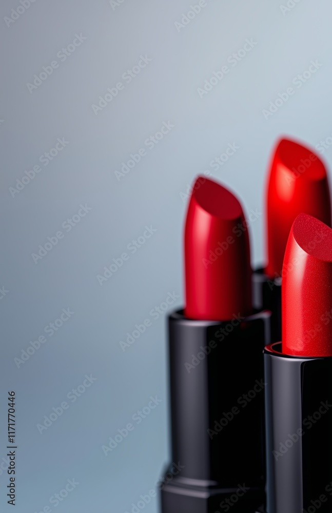 Obraz premium Trio of cosmetic lipsticks in classic red shades with sleek black packaging.