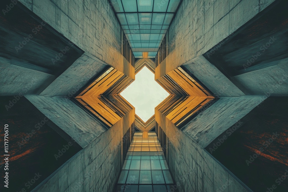 Obraz premium Geometric concrete structure, skylight, upward view.