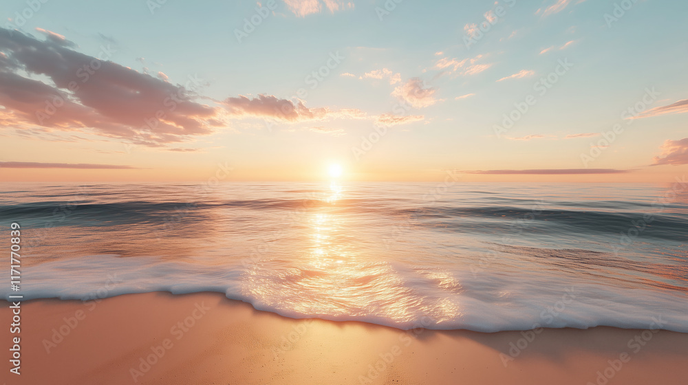 Naklejka premium Serene Beach Sunset with Gentle Waves and Soft Clouds, Perfect for Travel Ads, Nature Wallpapers, Relaxation Themes, Coastal Decor, and Peaceful Landscape Art
