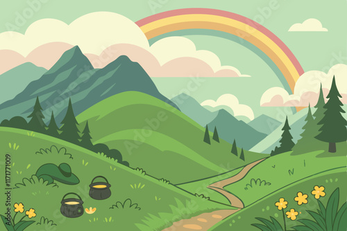 Make a wallpaper about Saint Patrick's Day in a mountain view in a fantasy world