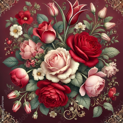 Vintage Floral Pattern with Red and Pink Roses on Burgundy Background photo