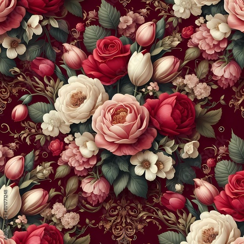 Vintage Floral Pattern with Red and Pink Roses on Burgundy Background photo