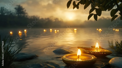 A calm riverbank at dusk with floating diyas, a golden flute resting beside the water, evoking Krishnaa??s divine presence. photo