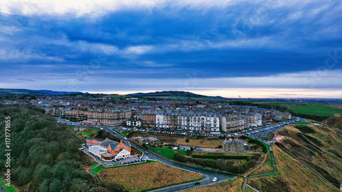 Aerial View of Coastal Town with Buildings and Cliffside Road in Saltburn by the Sea photo