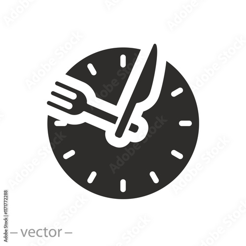 hour healthy food, time eat lunch icon, diet fast concept, break meal, clock with fork knife, flat vector illustration