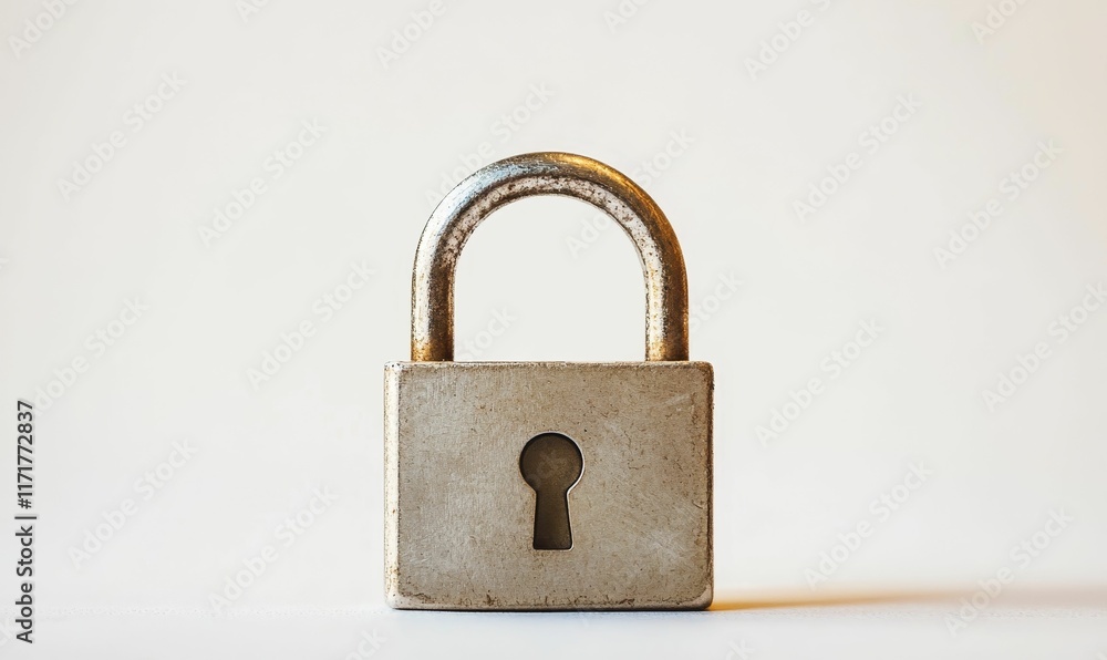 Aged metal padlock, keyhole visible, sits on white. Aged metal padlock, keyhole visible, sits on white.