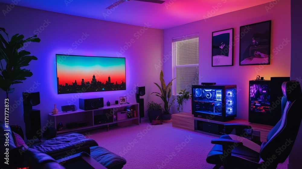 Colorful room, gaming setup, city skyline displayed. Colorful room, gaming setup, city skyline displayed.