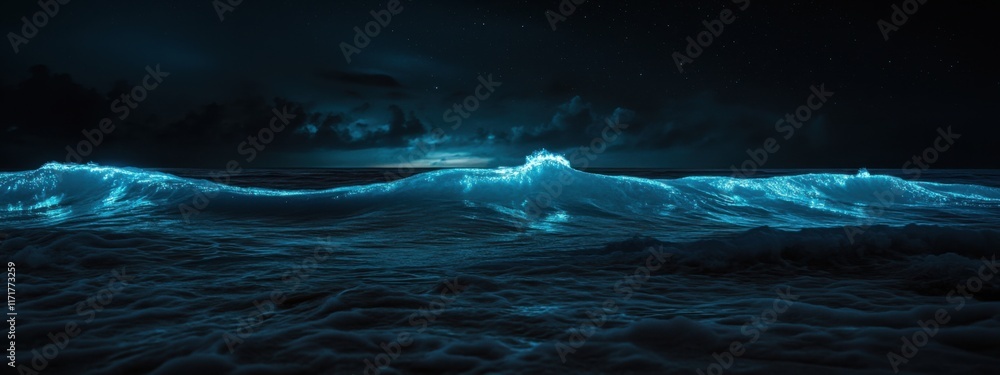 Fototapeta premium A mystical view of the bioluminescent waves in Vaadhoo Island, Maldives, Marine scene
