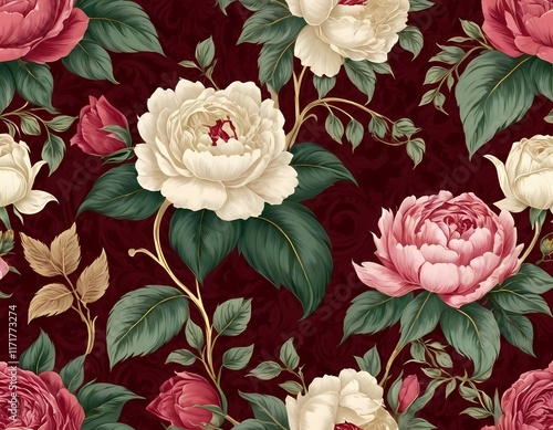 Vintage Floral Pattern with Red and Pink Roses on Burgundy Background photo