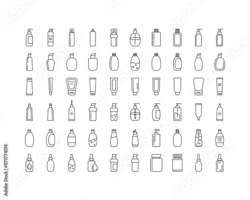 Collection vector icons of beauty, cosmetics and care. Bottle, jar, shower gel, face cream, body lotion, spray, ointment, paste.