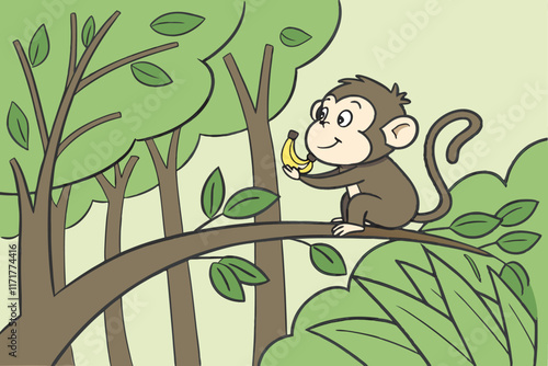 Monkey eating banana in a forest