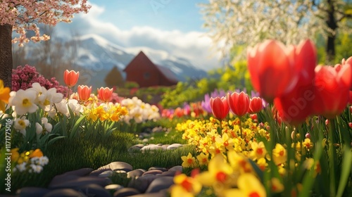 A colorful spring garden bursting with tulips and daffodils, inviting visitors to enjoy naturea??s beauty. 8k, realistic, full ultra HD, high resolution, and cinematic photography photo