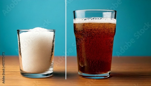 A glass with a fizzy drink and a glass with the amount of sugar contained in this drink