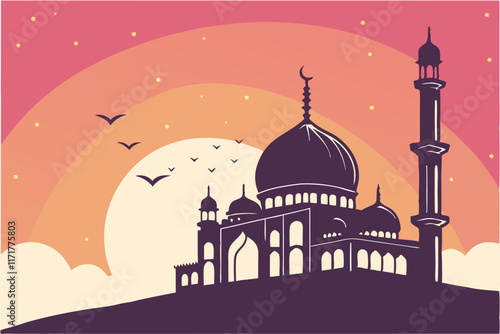 Mosque Silhouette at Sunset Create a vector of a mosque's silhouette against a vibrant sunset gradient. Silhouette Color and White Background